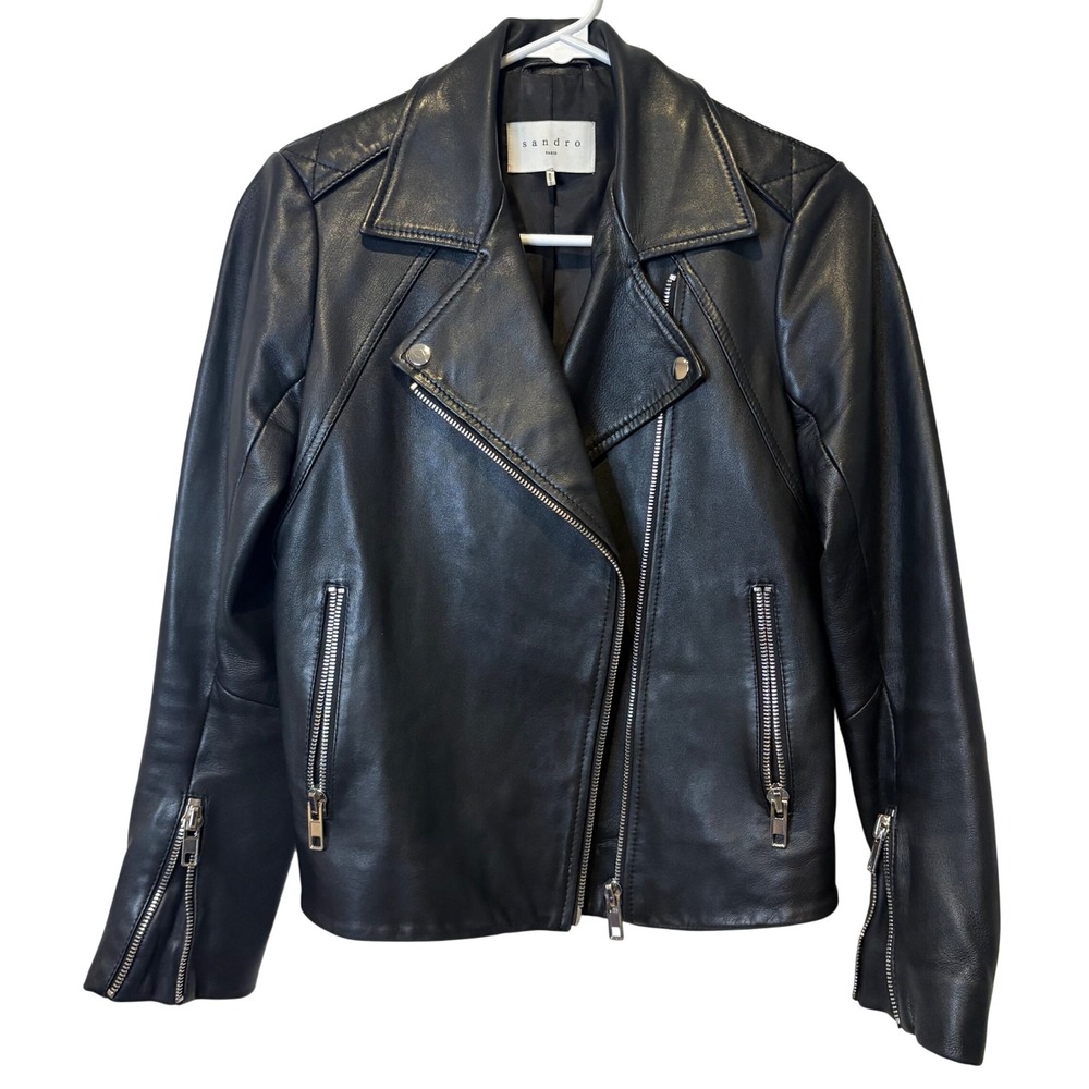 Sandro Paris Black 100% Lamb Leather Moto Jacket Zip Asymmetrical Womens Sz 2